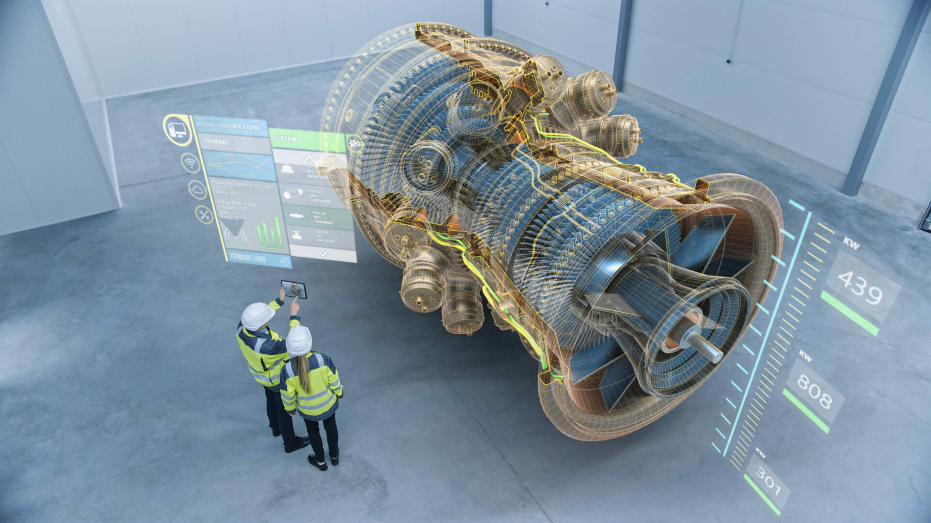 workers with tablet by large engine with wireframe and specifications superimposed